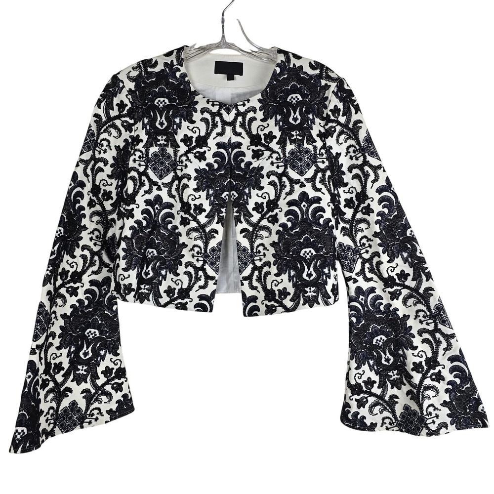 Intermix Black & White Embroidered Bell Sleeve Cropped Jacket Size Small